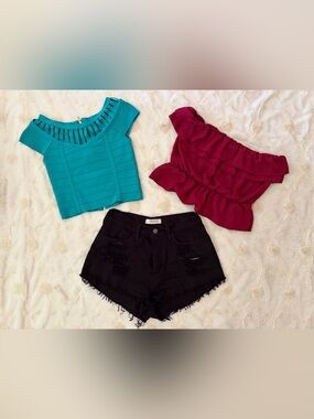 HOT 🔥 BEBE Y2K Top, Classic High-Waist Shorts, Flirty Strapless Burgundy Crop 🔥